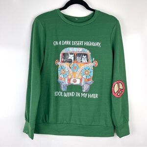 Boho Hippie Graphic Sweatshirt Green Cat Lover Van Peace Sign Retro Size Medium